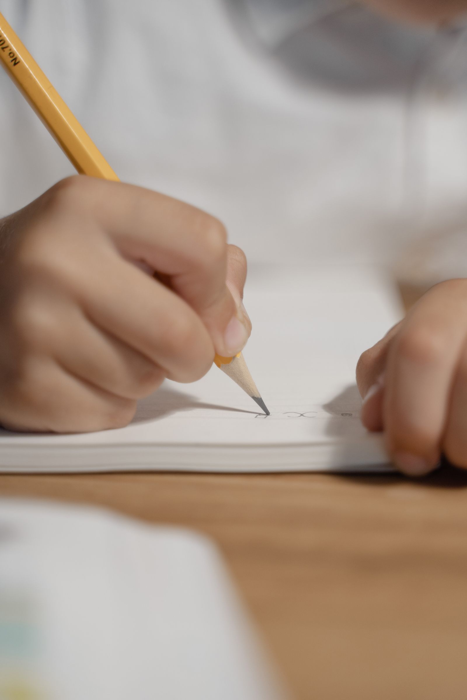 Kind schrijft met een potlood in een schrift